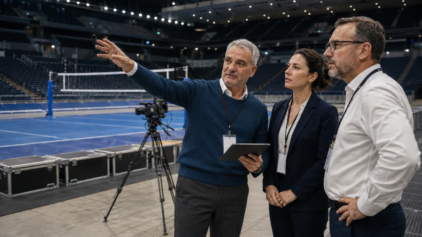 Illustrative coordination scene in a sports arena, with Eric Dunkel wearing a petrol blue sweater